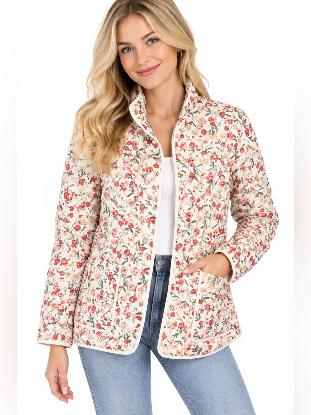 Draper James Cream Quilted Floral Utility Jacket with Red and Green Print size M - Picture 1 of 11